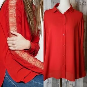 EUC Beautiful “The Kooples” Red Crepe & Lace Button Down Blouse Special occasion